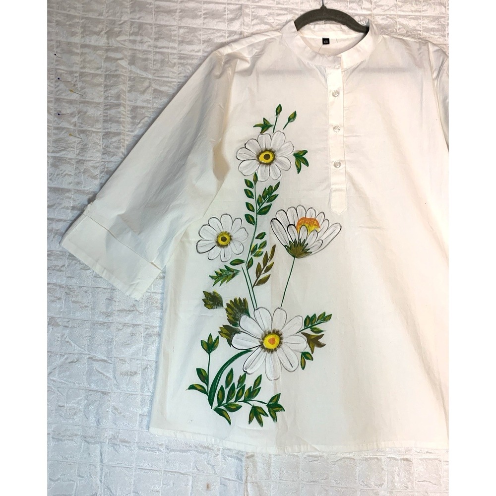 Hand Painted White Cotton Blouse XXL  Floral India Boho Art to Wear 42" NWOT - Picture 3 of 11